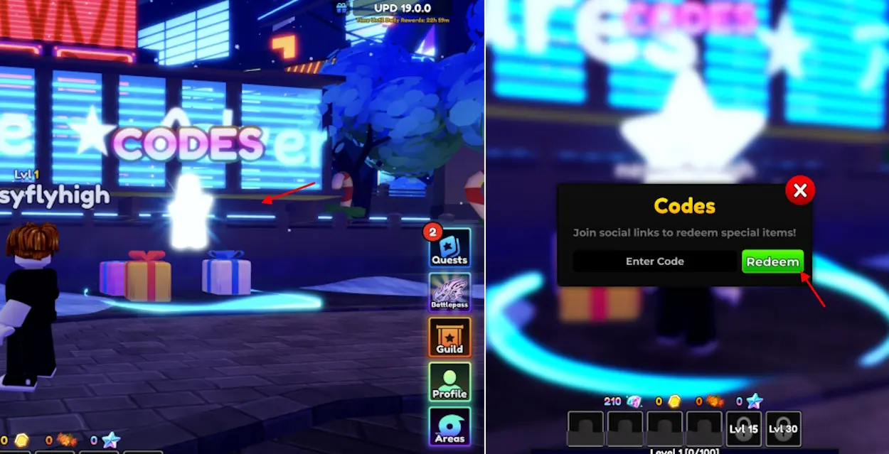 How to redeem codes in Anime Adventures - Codes redemption area location
