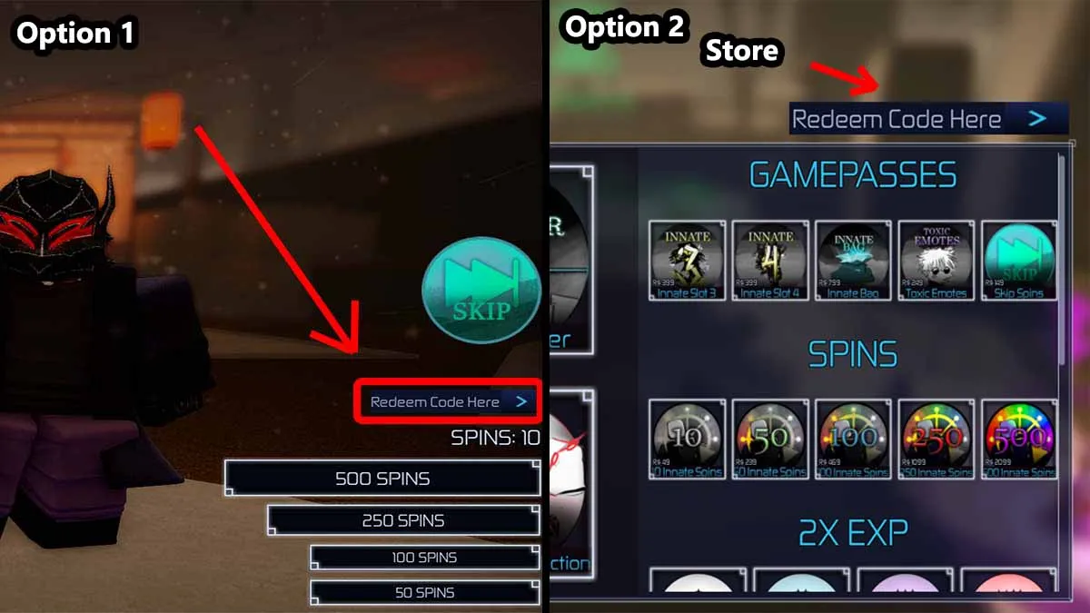 How to redeem codes in Jujutsu Infinite - Code redemption menu location